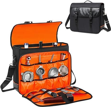 Bartender-Tasche für Cocktail-Shaker-Set, Messenger-Tasche mit gepolsterten Fächern für das Reise-Bartender-Kit, tragbare Werkzeugtasche perfekt für Cocktail-Rührstäbchen und Barshaker (Orange)