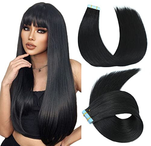 Evala tape extensions echthaar haarverlängerung echthaar 45cm #1 Rabenschwarz tape in extensions echthaar 20 Stück, bonding extensions echthaar 50g tape in extensions echthaar