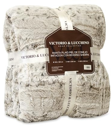 Victorio & Lucchino Manta Plaid Piel De Conejo Imitacion con Reverso Sherpa - Manta Suave para el Sofa o para Cama (VL-80518) (Beige, 160 X 220 Cm)