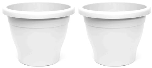 Tradineur - Pack de 2 Macetas de plástico Redondas para Plantas y Flores Mediterránea con Orificios Inferiores. Recipiente, macetero Exterior e Interior del hogar - Color Blanco - 20 cm