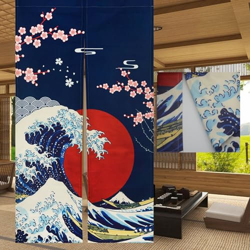 LIGICKY Japanischer Stil Dick Noren Lang Vorhänge, Doppelseitig Druck Kirschblüten und Kanagawa-Wellen Türvorhang Raumteiler Tapisserie für die Heimtextilien Raumteiler 85 x 150 cm Blau