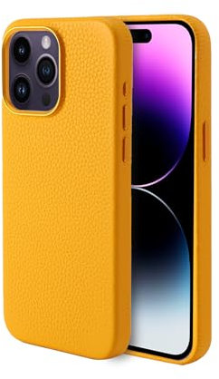 Synchro Leather Case for iPhone 15 Pro (2023) Compatible with MagSafe, Stylish Litchi Grain Cowhide Leather Phone Case with Protective Soft Lining 6.1 Inch (Yellow)