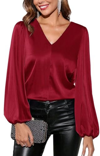 SOADKP Damen Bluse V-Ausschnitt Elegant Hemdbluse Langarm Shirt Glitzer Tops Festlich Oberteil (Weinrot/L)