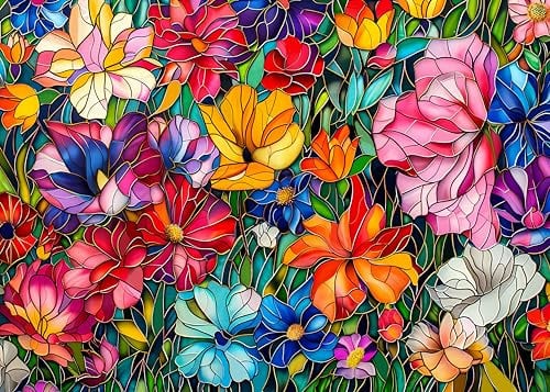 Stained Glass Flower Puzzles for Adults 1000 Pieces, Colorful Floral Garden Jigsaw Puzzle, Art Plant Puzzle