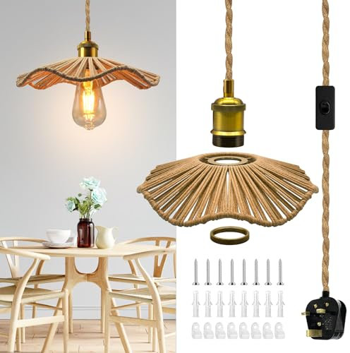 Retro Plug in Pendant Light Fixture, 5.1M Brass E27 Bulb Holder Suspended Hanging Light Fitting, Boho Hanging Lamp with Hemp Rope Woven Lampshade,DIY Pendant Light Shade with Plug in Cord,for Kitchen