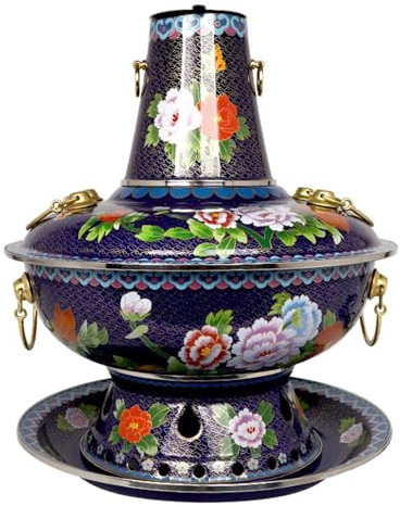 Pentola Calda In Rame Rosso Antico di Pechino Pentola Tradizionale Cinese Cloisonne per Bruciare Carbone, Cucina Domestica Shabu per Riunioni di Famiglia, Amici di Famiglia e Feste,D-32cm/12.6in