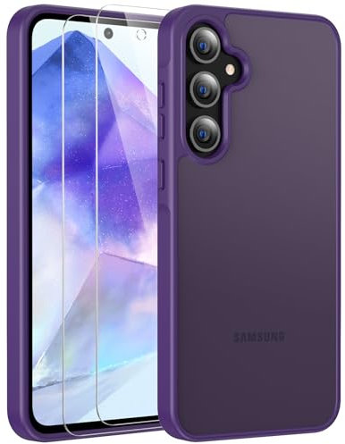 FLLAO Opaca Cover Compatibile con Samsung Galaxy A35 5G con 2 Vetro Temperato, [Della Fotocamera Protezione] Anticaduta Antiurto Anti-Graffio Anti-Impronte Hard PC Glassata Custodia Viola Scuro
