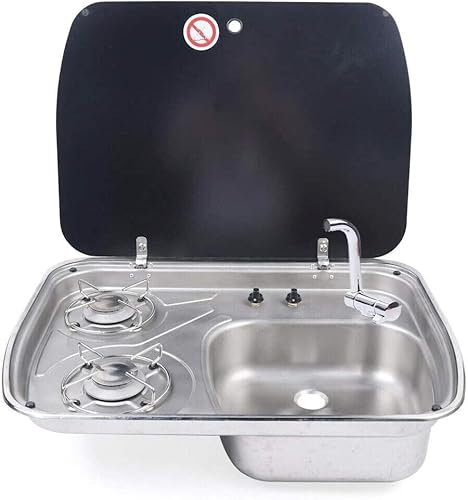 Gas Camping Stove Built-In RV Gas Cooktop 2 Burner Gas Stove Hob and 1 Stainless Steel Sink Combo w/Glass Cover for Outdoor Camp Motorhome Caravan Camper RV Kitchen Only Use LPG Gas