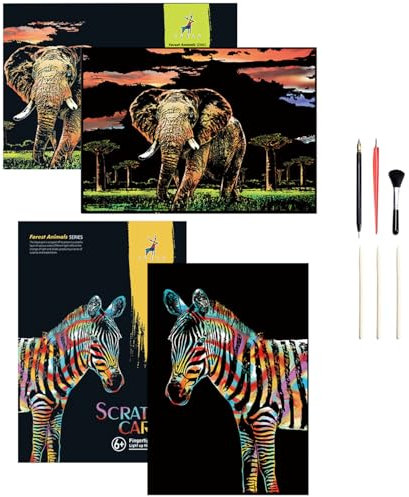 Georgie Porgy Kratzbilder Set DIY Bastelsets für Kinder Erwachsene Magic Rainbow Scratch Paper A3 Tier Kratzpapier für Weihnachten Geburtstagsgeschenk mit Kratzwerkzeuge Kit (A3-Elefant + Zebra)