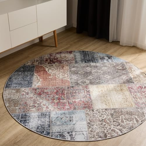 benuta Basic Waschbarer Teppich George - Multicolor 160 cm rund - Kunstfaser - rund & im Style: Vintage, Ethno-Style, Shabby Chic - Pflegeleicht für Wohnzimmer Schlafzimmer