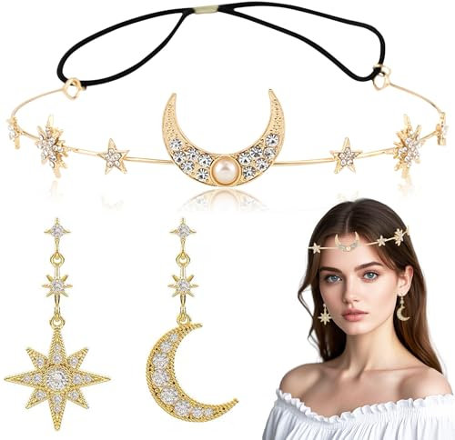 Boho-Mond-Stirnband,Sonne Mond Sterne Haarreif,Haarreif Sonne Mond und Sterne Gold,Mond Ohrringe Boho,Boho Ohrringe Gold Mond,Ohrringe Damen Gold Boho,Mond Haarreif,Schmuck für Damen und Mädchen