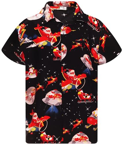 King Kameha Funky-Hawaii-Hemd, Weihnachten, Herren, Kurzarm, Christmas-Space-Santa, Schwarz, 6XL