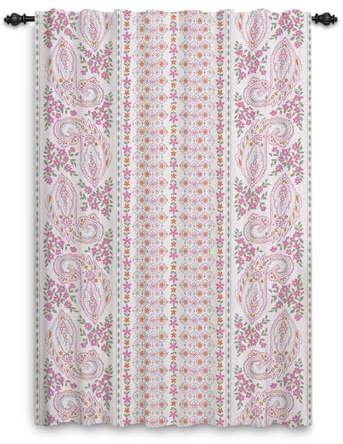 ggaimwf Paisley-Vorhänge Rosa Florale marokkanische Vorhänge Aquarell Böhmische Schlafzimmervorhänge Bleistiftfalte Vorhänge im Landhausstil für das Wohnzimmer Fenstervorhänge 107x160cm, 1 Stück