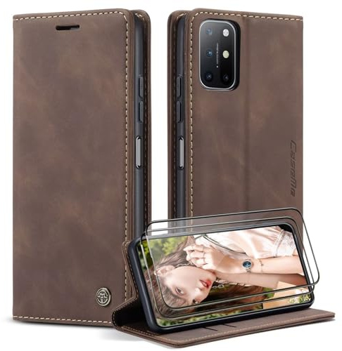 SLWYF Handyhülle für OnePlus 8T Hülle [Mit 2 Stück Panzer Schutz Glas] [Premium PU Leder] [Kartenfach] Klapphülle kompatibel mit OnePlus 8T, Kaffee