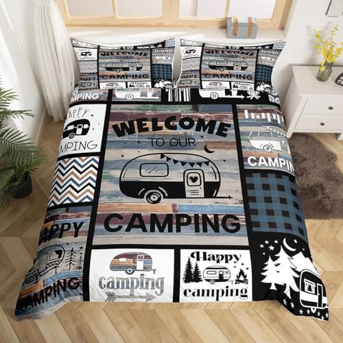 Homemissing Happy Camping Bettbezug Set Kinder Camper Bettwäsche Set 135x200cm Buffalo Check Tröster Bettwäsche für Schlafzimmer Geometrie Plaid Braun Blau Betten Set