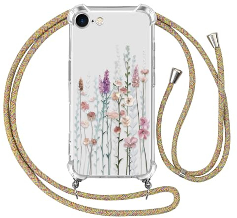 Ciciber Ttusy Handykette Hülle für iPhone 7/8/SE 2020/SE 2022 mit Band, Stoßfest Durchsichtig Muster Blumen Case Weiches Silikon Schutzhülle mit Kordel zum Umhängen Necklace HandyHülle, 02