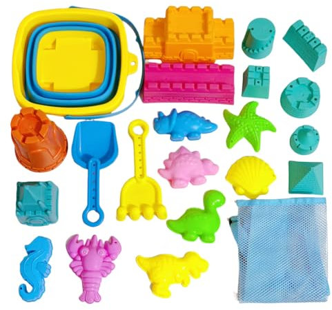 Corpower Sandspielzeug Set, 28 Stück Sandkasten Spielzeug Kinder, Mit Faltbarer Eimer, Baggerwagen, Burgsandform, Seetier-Sandform, Aufbewahrungsnetzbeutel, Junge Mädchen Sandspielzeug ab 3 Jahre