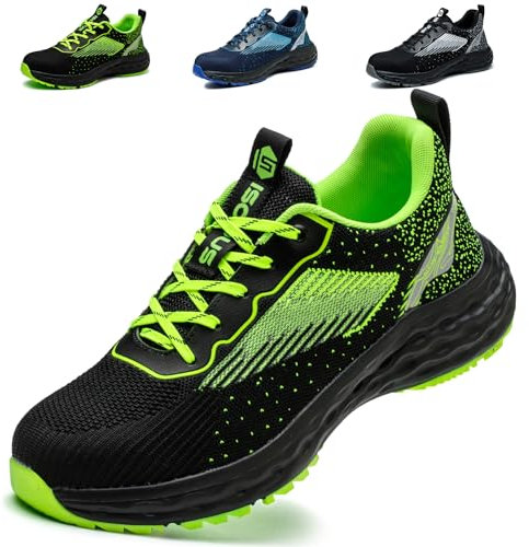 Zapatos De Seguridad Hombre Mujer Calzado de Trabajo con Punta de Acero Ligero Comodo Zapatillas Seguridad Transpirables Verde EU 42