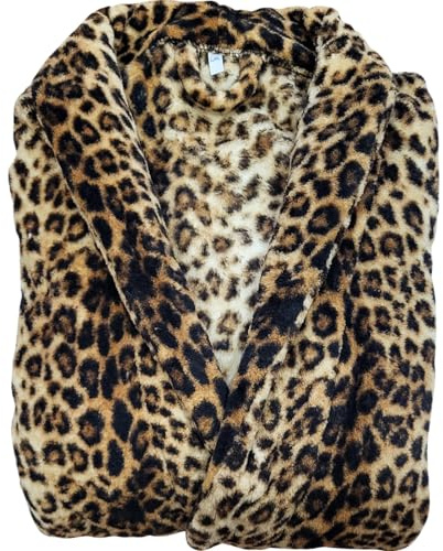 Moon Accappatoio da donna e da uomo in pile coral con colletto Cozy Light, leopardo, L-XL