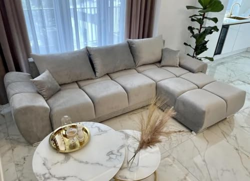 MRK CREATIONS Enzo Right Hand Corner Sofa Bed with Storage in Grey, Convertible Sleeping Function, Velvet Upholstery, Large Modern L-Shaped Right Hand Corner Couch for Living Room
