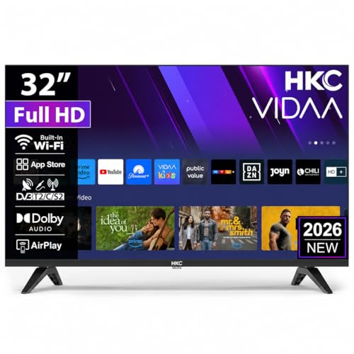 HKC Smart TV 32 Pouces (80 cm) FHD, sans Bord Connectée Télévision avec WiFi, App Store, Triple Tuner(DVB-T/T2, DVB-C, DVB-S/S2), AirPlay (H32N1F-V, 2026)
