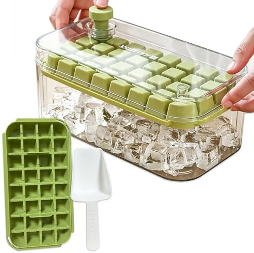 Ice Cube Tray - Food-Grade Ice Cube Moulds with Lid and Storage - Release All Ice Cubes in One Second - BPA-Free - 64 Ice Cube Tray and 2 Trays with Dispenser - Ice Bucket & Scoop- Green