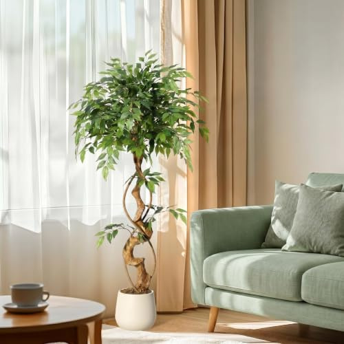GarveeMore Arbre Artificiel 120cm Tronc Courbé et Pot Blanc, Déco Intérieur | Grande plante artificielle, faux arbre vert silhouette torsadée, végétal synthétique pour entrée, salon, bureau et maison