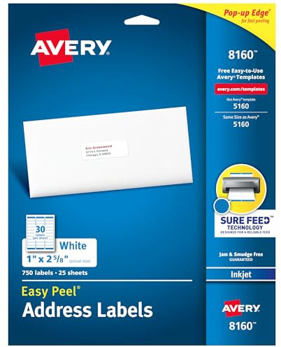 Avery Easy Peel Printable Address Labels with Sure Feed, 1 x 2-5/8 Customizable Stickers, White, 750 Blank Mailing Labels, Great for Mailing, Shipping, and More (8160)