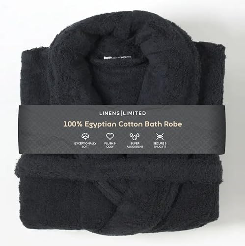 Linens Limited - Egyptian Cotton Dressing Gown for Women and Men, Towelling Bath Robe, Men and Ladies Nightwear Essential, Soft and Luxurious, Super Absorbent, Machine Washable (Black)