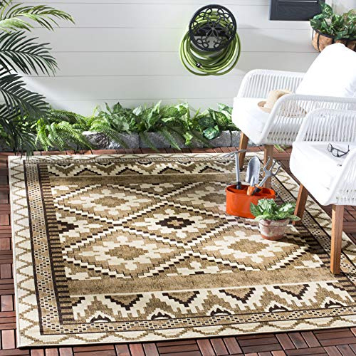 SAFAVIEH Washable Rug Outdoor Veranda Collection - 6'7 x 9'6, Cream & Brown, Non-Shedding & Easy to Clean, Ideal for Patio, Backyard, Mudroom (VER096-0215)
