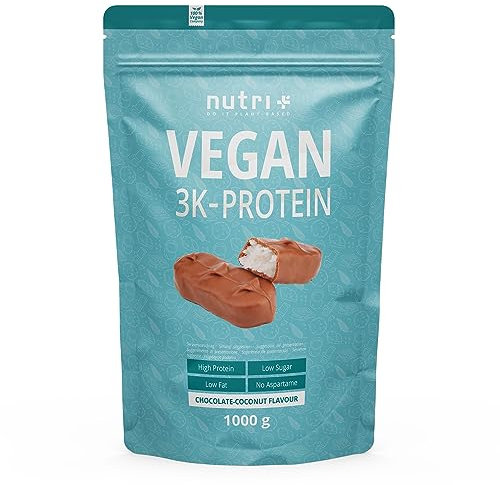 Nutri + Poudre de protéine Vegan chocolat noix de coco 1kg - 3k shake de protéine - Poudre protéinée végétalienne sans lactose - Complexe de protéines Chocolate Coconut 1000g