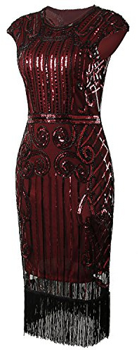VIJIV Damen 1920 Vintage inspirierte Pailletten verziert Fringe Lange Gatsby Kleid