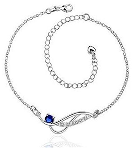 Boowhol Bracelets de Cheville Infini chaîne Bracelet Bleu Zircon Argent 925 pour Femmes Filles Hypoallergénique