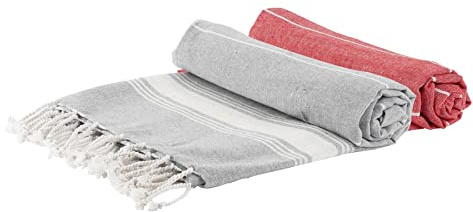 Nicola Spring Turkish Cotton Bath Towels - 170 x 90cm - Grey/Red - Pack of 2 - Lightweight & Absorbent Large Adults Drying Beach Towel Bathroom Gym Cloth Sauna Hammam Shower Sheet