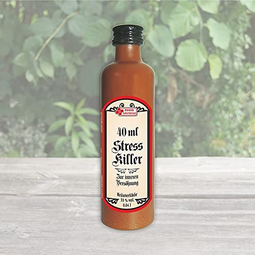 Mini Glas Tonflaschen – Stresskiller - 0,04l Kräuterlikör | 33% vol. alk. | Humorapotheke | Scherzartikel für Erwachsene | Humormedizin | Spaßmedizin