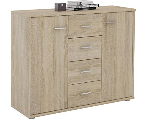 IDIMEX Buffet Salle à Manger Elodie L 89 cm Coloris chêne Sonoma avec 4 tiroirs et 2 Portes, bahut Bas, Meuble de Rangement Style Moderne, 89 x 70 x 30 cm