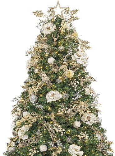 Árbol de Navidad 210cm Artificial Blanco Artificial con iluminación 400 Leds luz y Adornos champán Adornos navideños Que Incluyen Bolas de árbol de Navidad Artificiales Completas