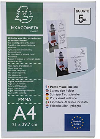 Exacompta - Réf. 84058D - 1 Porte-visuel A4 incliné vertical ou horizontal - Dimensions 210 x 297 mm - PMMA (acrylique) menu pour restaurants, hôtels, conférence et réception - Couleur Cristal
