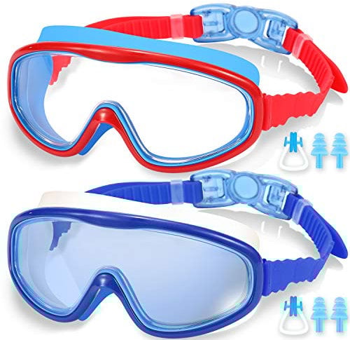 EasYoung 2-Pack Kids Swim Goggles, Swimming Goggles for Children and Early Teens from 3 to 15 Years Old, Wide Vision, Anti-Fog, Waterproof, UV Protection, Red with Blue (1pc) & Blue with White (1pc)