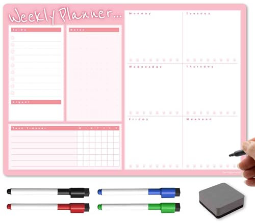TMS A3 Wochenplaner Whiteboard | Magnetischer Kalender für Kühlschrank und trocken abwischbare Stifte | Mahlzeit- oder Familienplaner für Küche (Blush, A3-WP3)