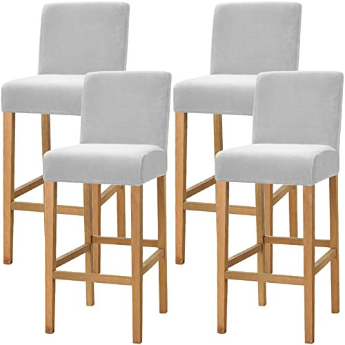 Dimatic Samt Plüsch Stuhl Abdeckung Theke Pub Bar Hocker Stuhl Slipcover für Esszimmer Cafe Barhocker Slipcover Möbelschutz Anti-Rutsch-Bezug mit elastischem Boden, 4er Set, Hellgrau