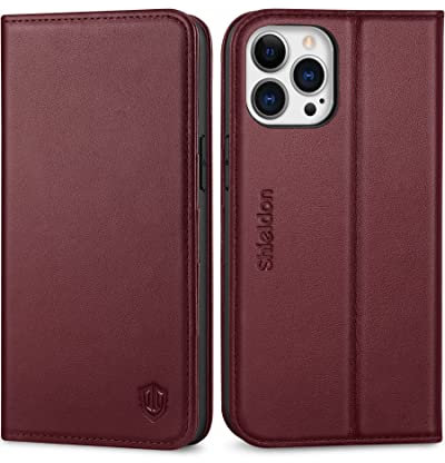 SHIELDON Wallet Case for iPhone 13 Pro Max, Protective Genuine Leather Case [RFID Blocking][Card Slots][TPU Shell]Kickstand Flip Magnetic Cover Compatible with iPhone 13 Pro Max 6.7 5G 2021, Wine Red