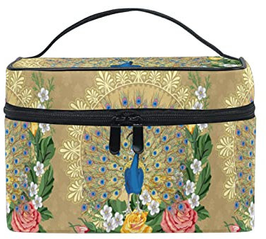 Kunst Gänseblümchen Pfau Vogel Kosmetiktasche für Frauen Schminktasche Große Mädchen Damen Make Up Taschen Kulturbeutel