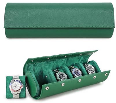Hiram Custodia per Orologi Custodia da Viaggio per 4 Orologi Scatola Portaoggetti per Orologio da Viaggio in Vera Pelle Saffiano (Verde)