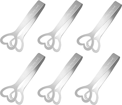 6 Pcs Sweet Tongs Mini Serving Tongs Stainless Steel Sugar Tongs Heart Sugar Tongs Silver Ice Cube Tong Small Lemon Tongs for Food Sweets Bread Cake Tea Coffee Bucket Kitchen Bar Wedding Party