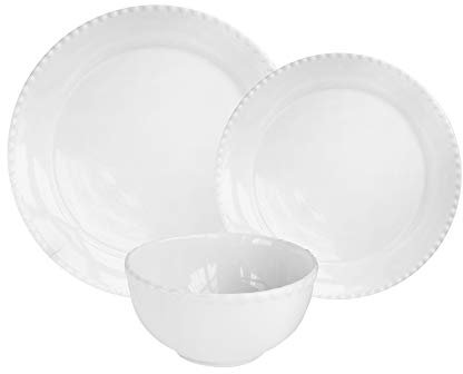 American Ateiler Hamilton Beaded Casual Round Dinnerware Set – 12-Piece Stoneware Dinner Party Collection for Entertaining w/ 4 Dinner Plates, 4 Salad Plates, & 4 Bowls, White