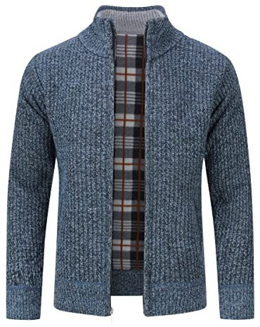 Allthemen Herren Cardigan Grobstrick Reißverschluss Strickjacke mit Stehkragen Winter Pollover Knitted Blau&Grau 3XL
