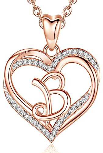 INFUSEU Collana Donna con Iniziale della Lettera B, Gioielli dell'Alfabeto Ciondolo Doppio Cuore in Oro Rosa con Zirconi Cubici e Catena da 20 Pollici per Regali con Nome Femminile