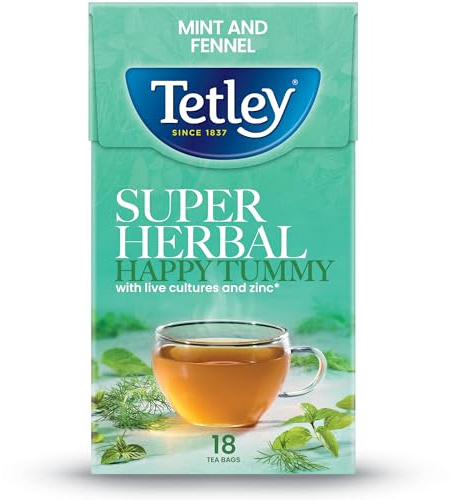 Tetley Happy Tummy Super Herbal Mint & Fennel Tea, 18 Tea Bags | Herbal & Fruit Tea, Functional Blend, Britain's Tea, 85+ Years of Tea Heritage, Rainforest Alliance Certified, 20 Bag Box