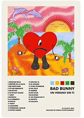 Bad Bunny Un Verano Sin Ti Musikalbum Cover Leinwand Poster Wandkunst Dekor Druck Bild Gemälde für Wohnzimmer Schlafzimmer Dekoration Rahmen Stil 30 x 45 cm